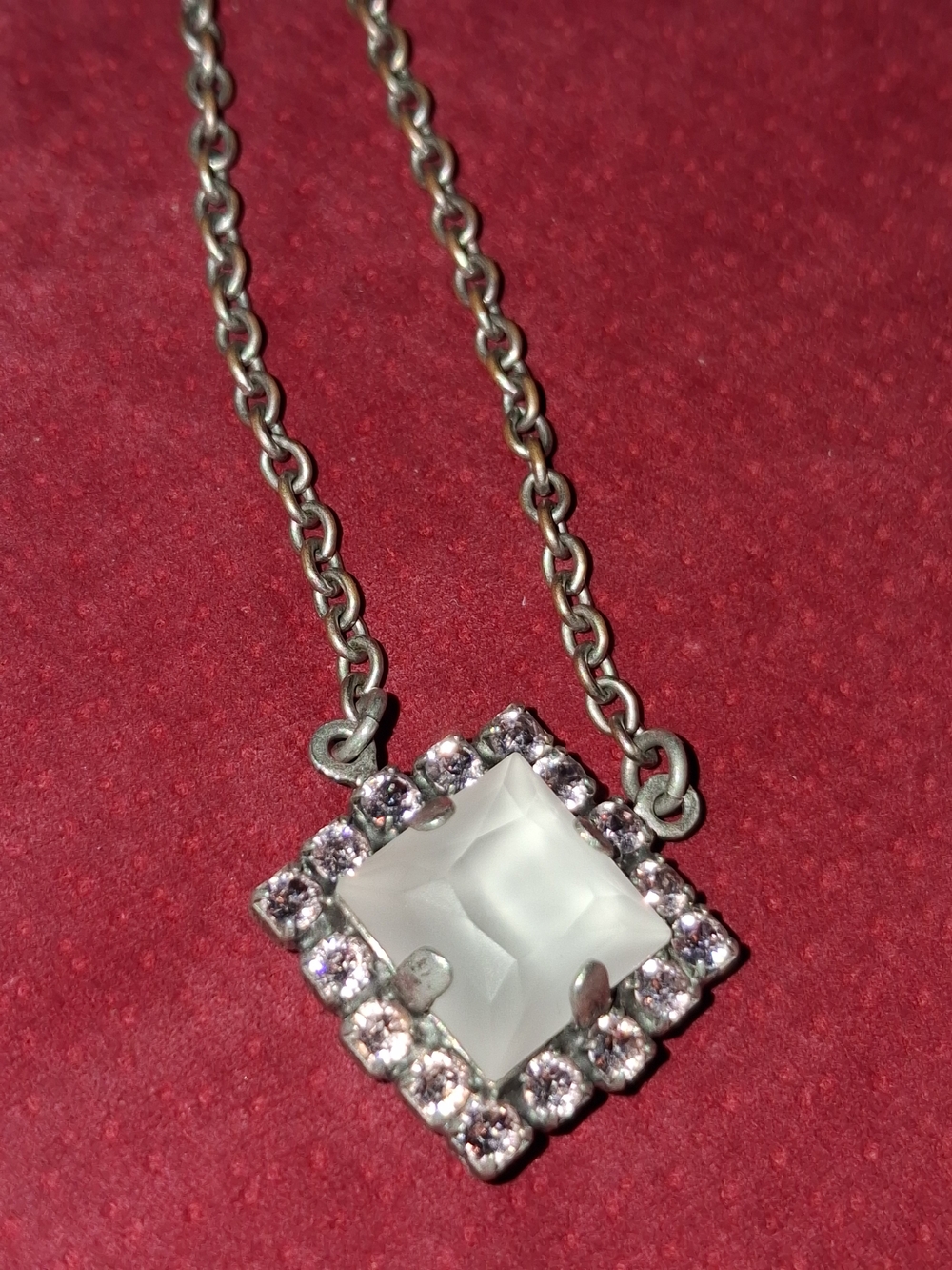 Sabika Silver-Tone Square Pendant Necklace White Center Pink Swarovski Crystals